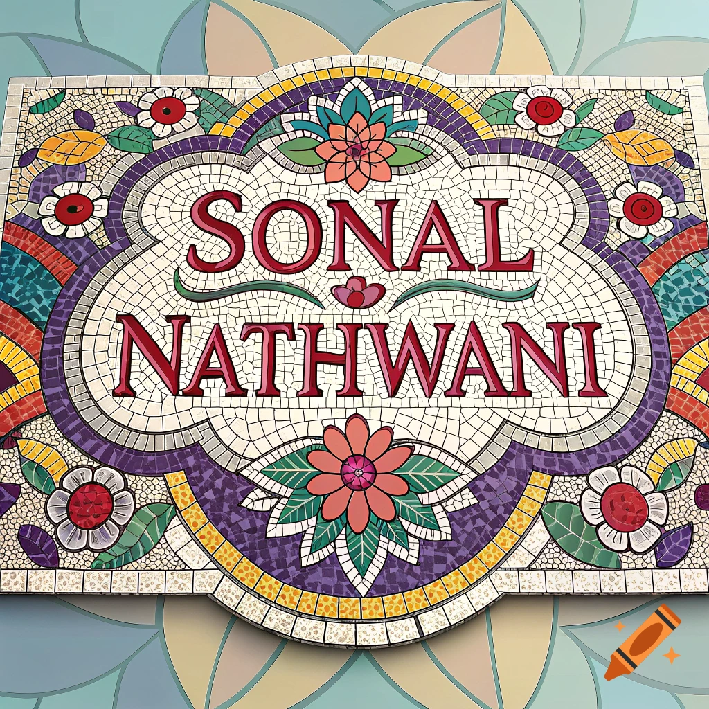 Colorful mosaic nameplate with the name Sonal Nathwani and floral patterns