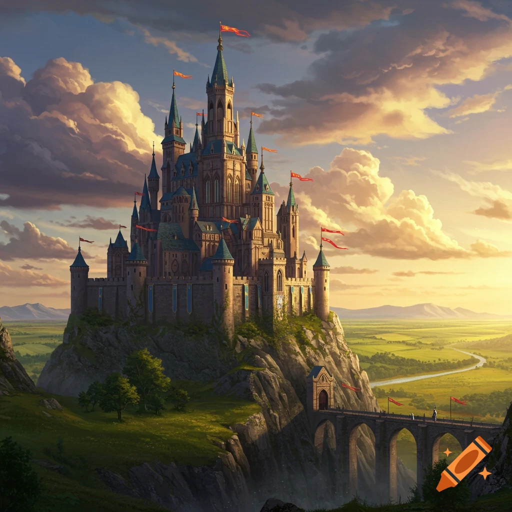 A large fantasy castle sits atop a rocky hill overlooking a green valley with a river, under a dramatic cloudy sky at sunset. A bridge leads to the castle entrance.
