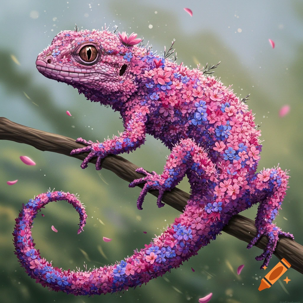 A lizard covered in pink and purple flowers is on a branch.