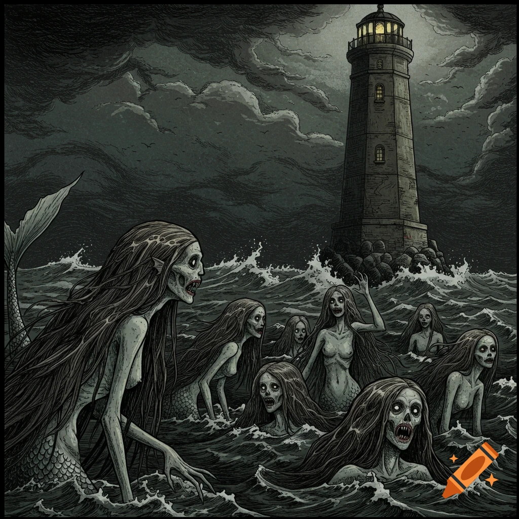 Gothic drawing of creepy mermaids in a stormy sea looking at a lighthouse.