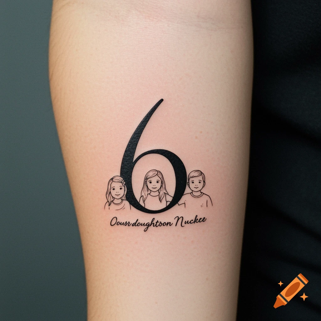 Line art tattoo on an arm showing the number 6 and three simple portraits.