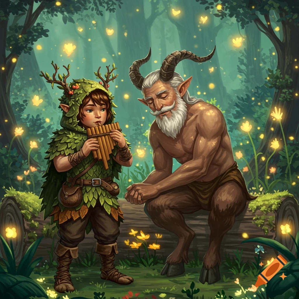 A young figure in leaf clothes plays a flute for an older satyr in a glowing magical forest.
