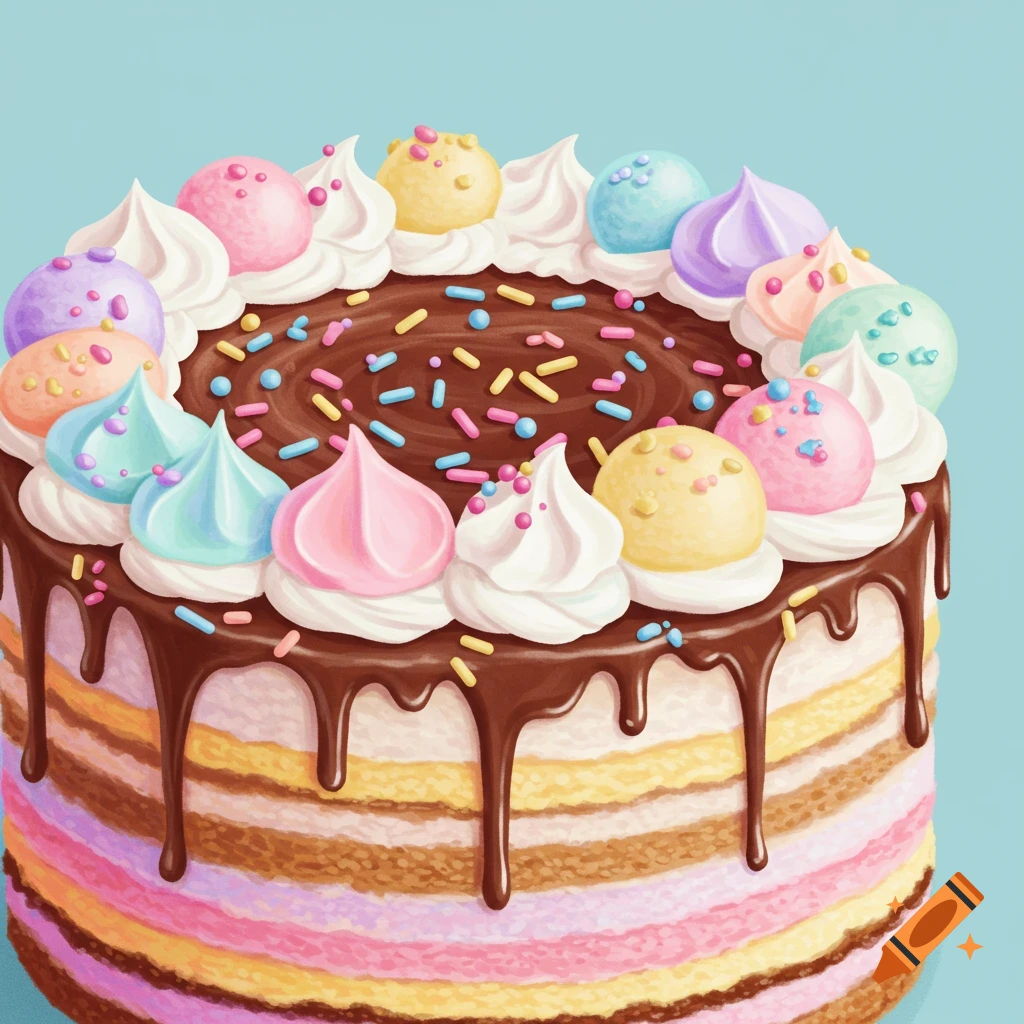 A colorful layered cake with chocolate drip, frosting, sprinkles, and meringue kisses.