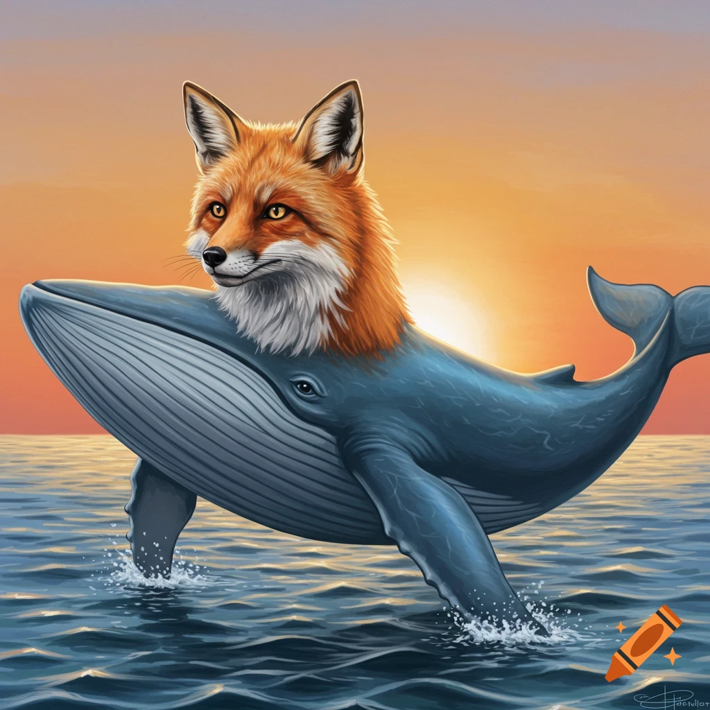 A fox's head atop a blue whale breaching the ocean at sunset
