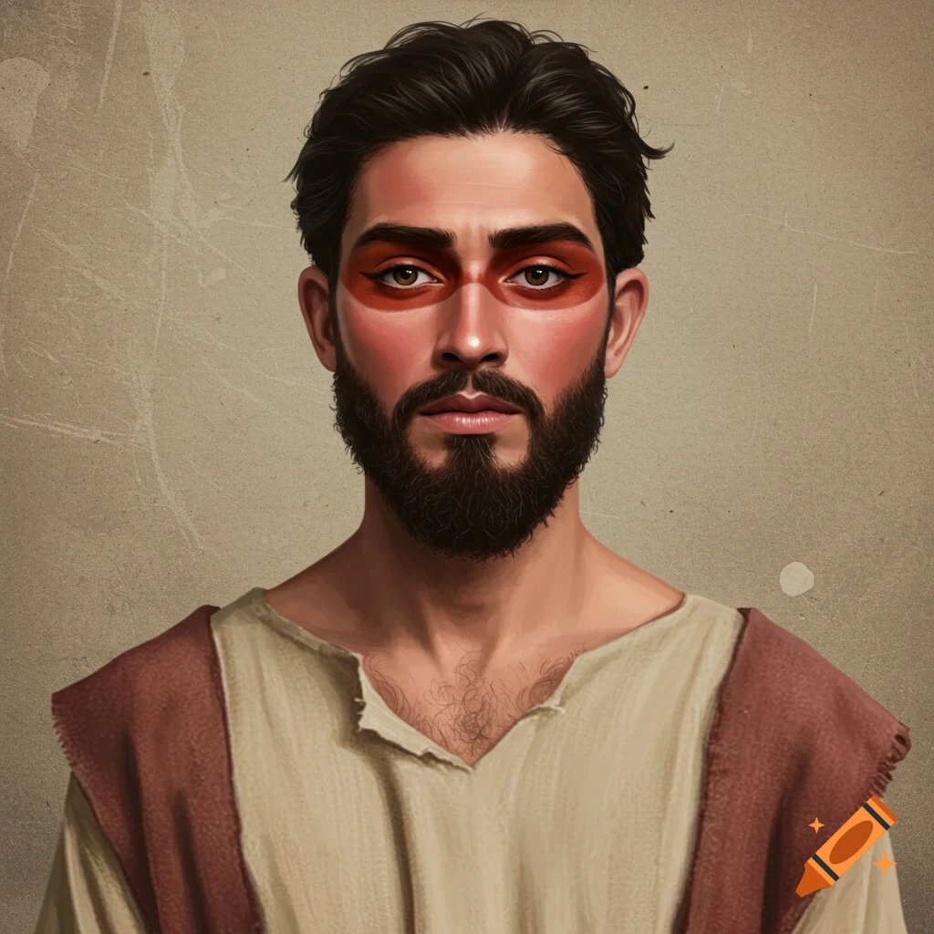 Portrait of a man with red face paint around his eyes, wearing a brown and beige tunic.