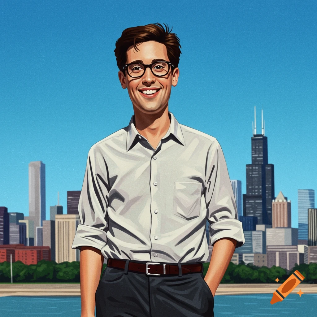 A man with glasses smiling in front of a city skyline and water.
