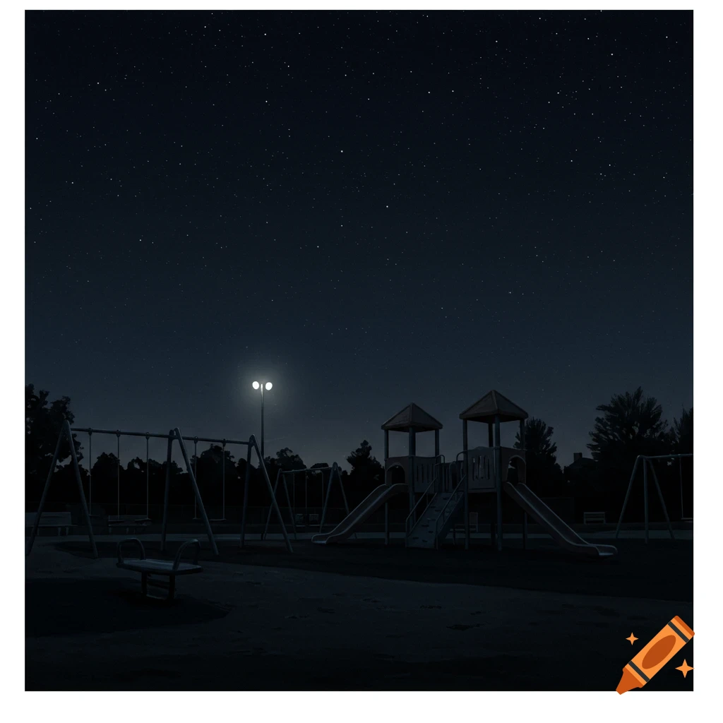 A dark night sky filled with stars hangs above an empty playground illuminated by a street light.