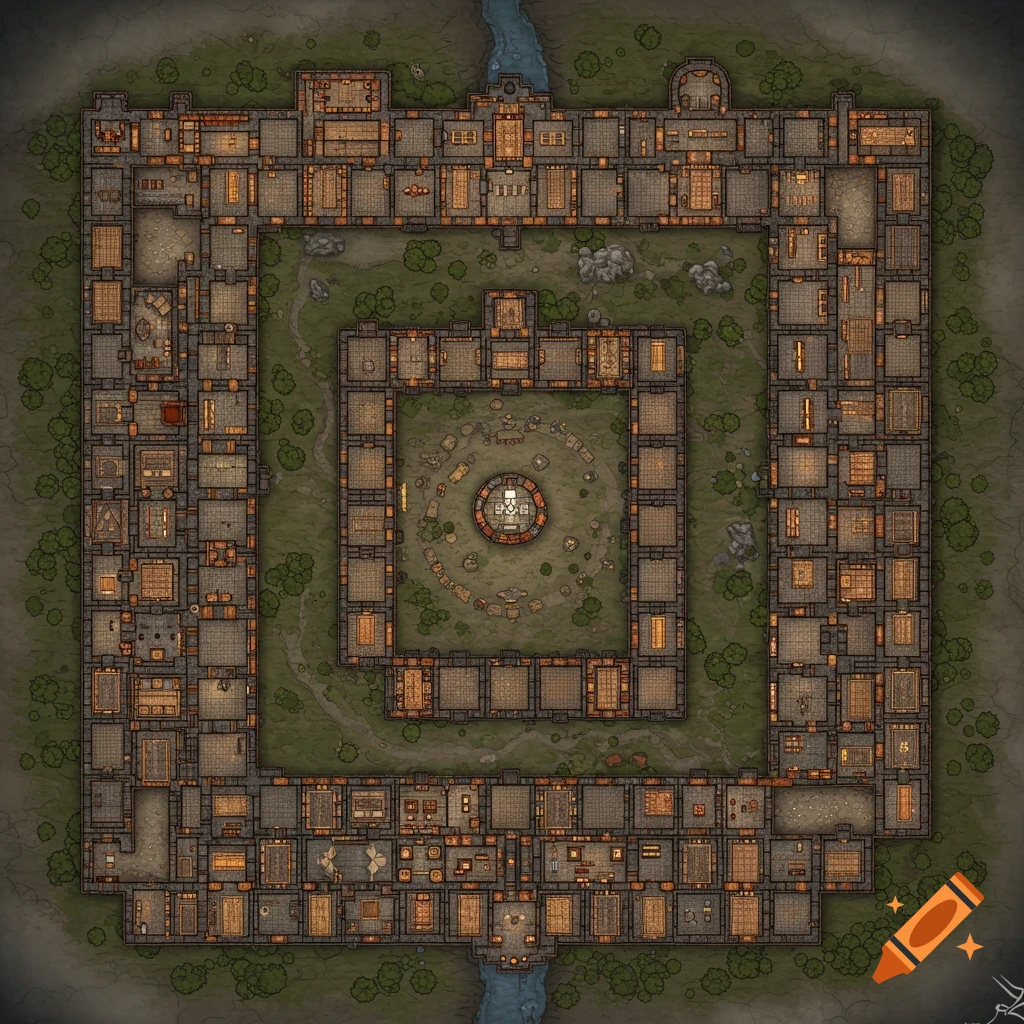 Top-down map of a large fantasy castle or complex with multiple courtyards.