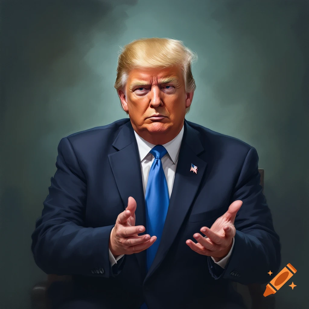 Portrait of Donald Trump in a suit, gesturing.