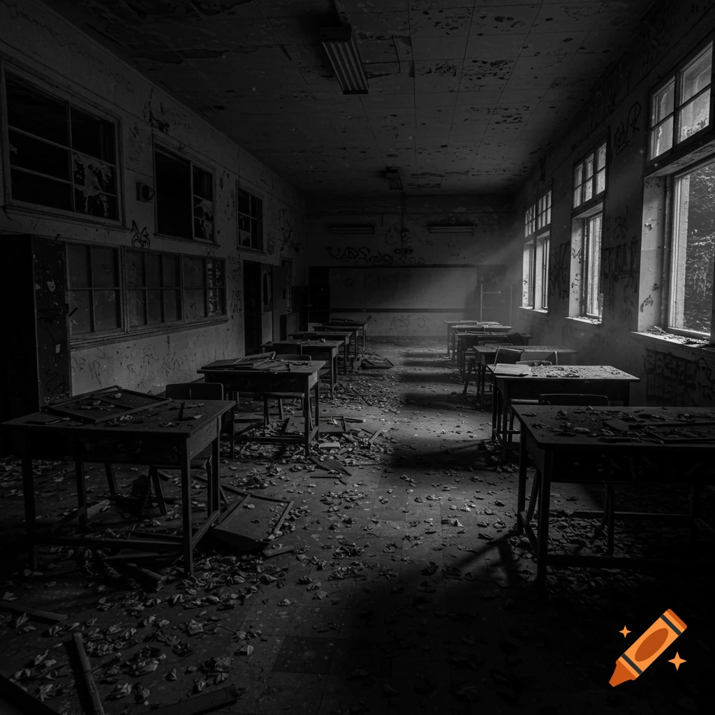 Black and white photo of an abandoned classroom with desks, leaves on the floor, sunlight through windows, and graffiti.