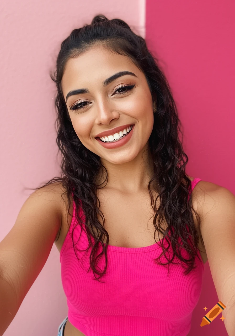 A young woman with long dark curly hair smiles broadly for a selfie against a pink wall.