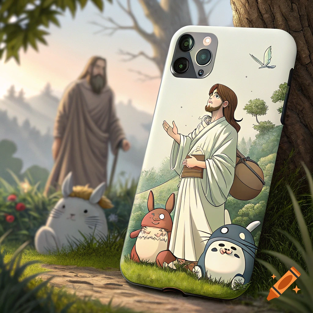 Illustration of a phone case featuring Ghibli-style characters in a landscape with a figure resembling Jesus in the background.