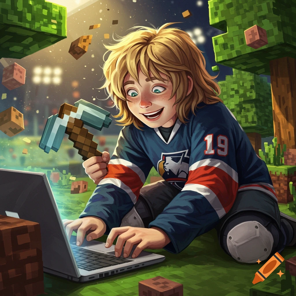 A boy in a hockey jersey plays Minecraft on a laptop, holding a pickaxe, surrounded by blocks.