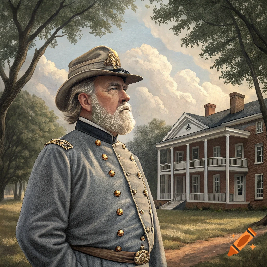 Portrait of a man in a grey Civil War-era military uniform standing in front of a large house.