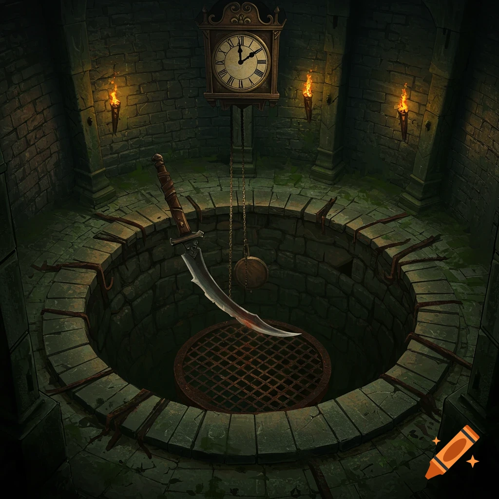 A large sword hangs by a chain over a circular pit in a stone dungeon with a clock and torches on the wall.