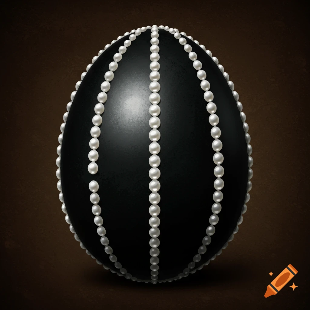 A black Easter egg is decorated with vertical lines of pearls on a dark background.