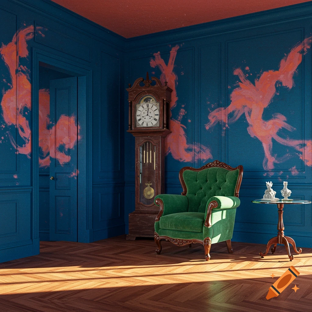 Ornate room with blue walls, red ceiling, grandfather clock, green armchair, glass table, and abstract orange paint splatters.