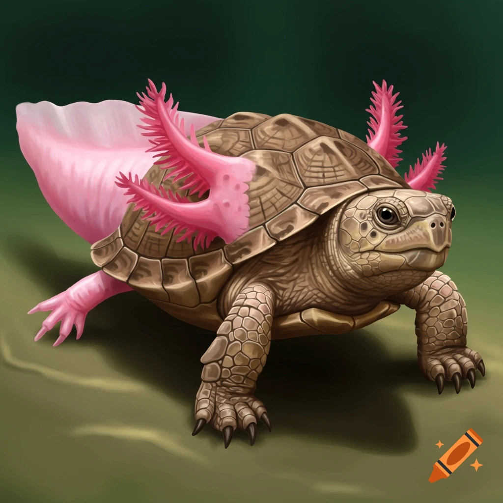 Realistic image of an axolotl and turtle hybrid creature.