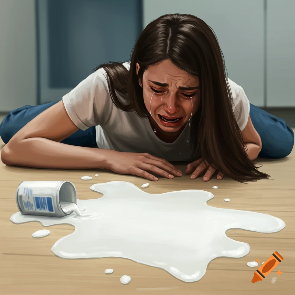 A person crying over spilled milk on a wooden floor.
