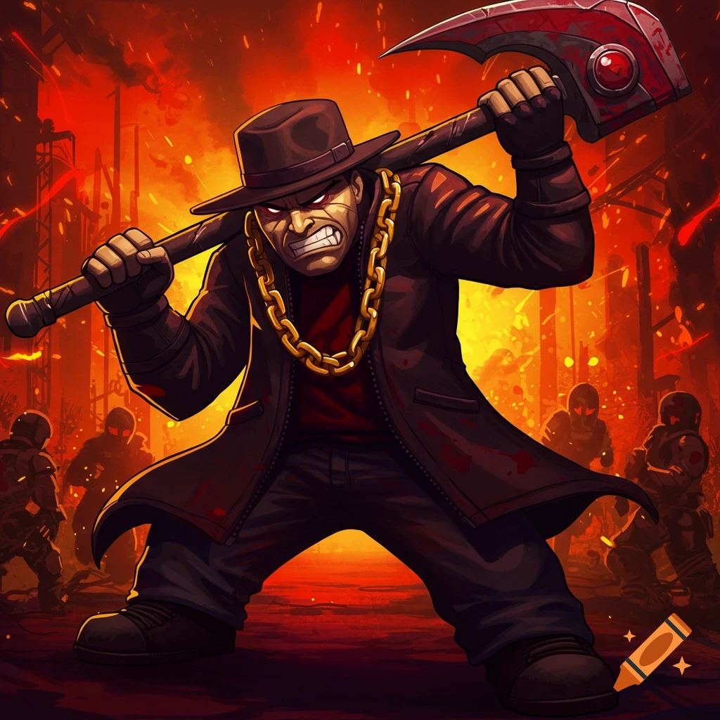 Stylized character with hat and gold chain holds a large axe in a fiery city.