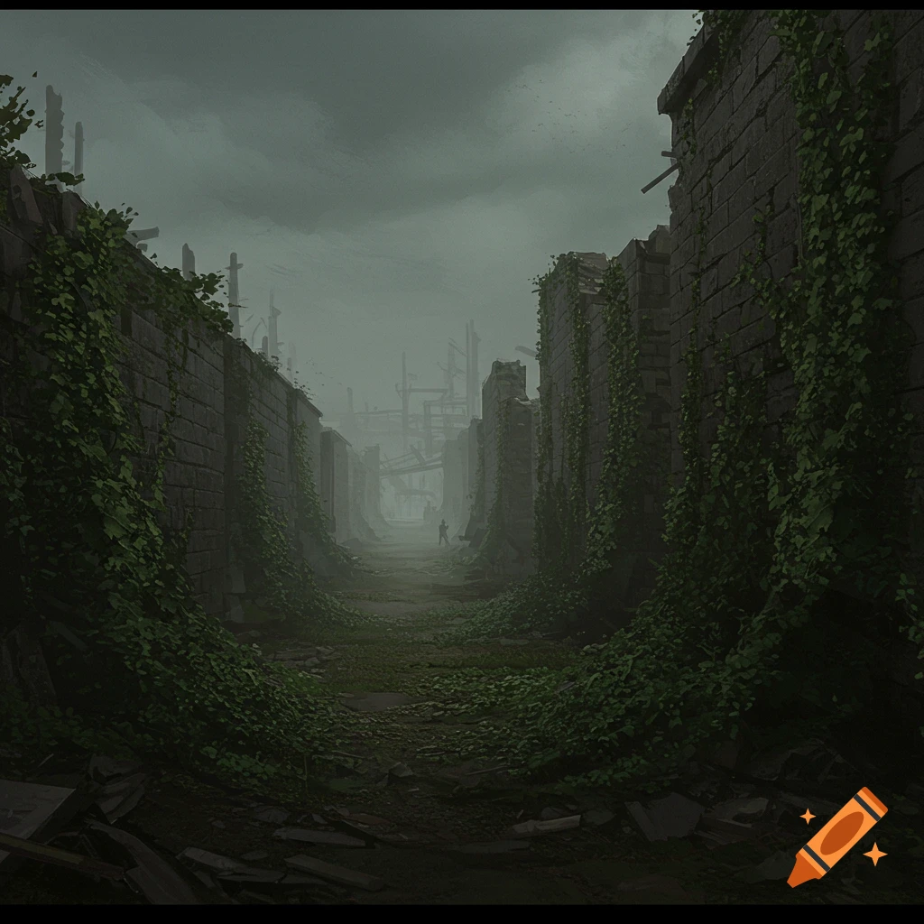 A ruined street with ivy-covered walls and a lone figure in the distance.