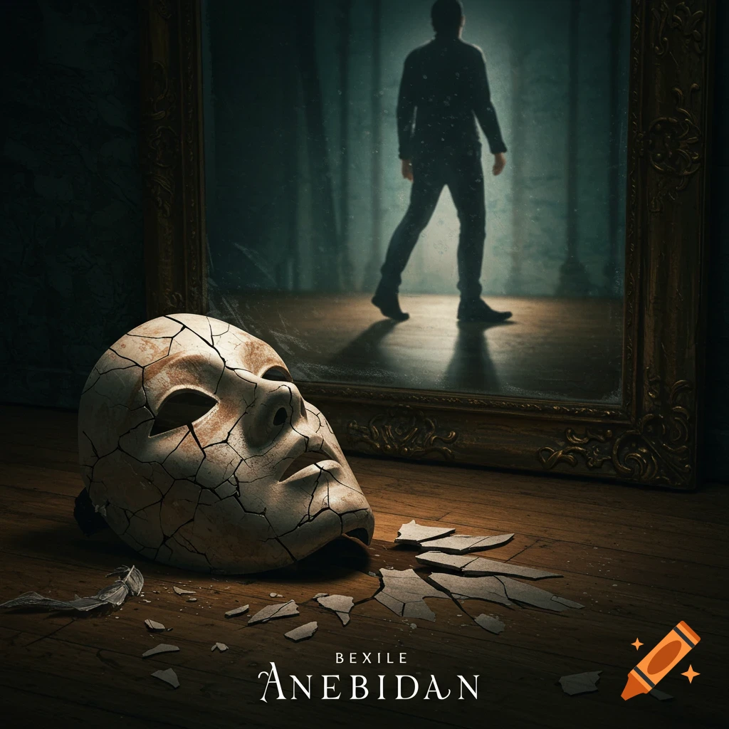 Cracked mask on floor, shadowy figure walking away in mirror behind it, dramatic scene.