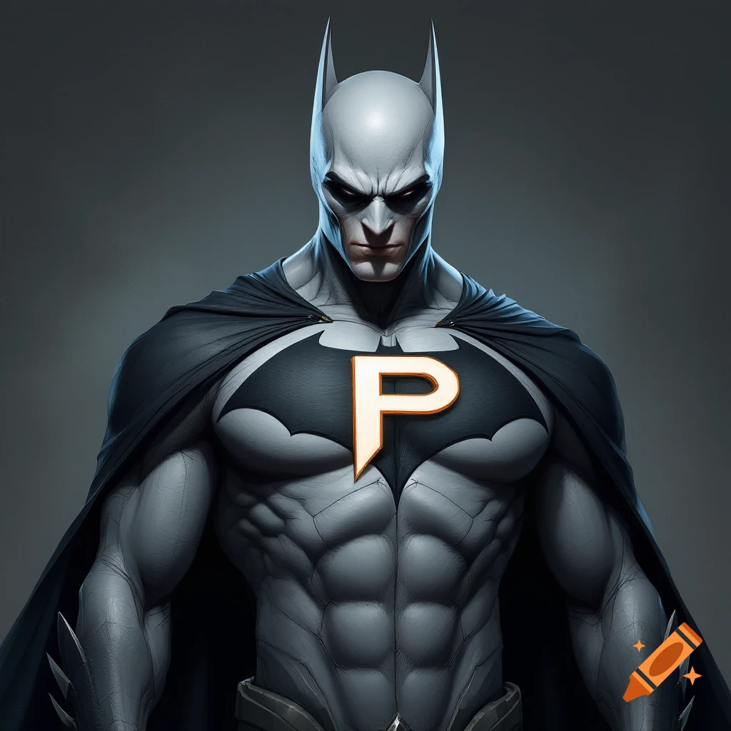Silvery-gray skinned supervillain resembling Batman and Superman with a large gold 'P' on their chest.