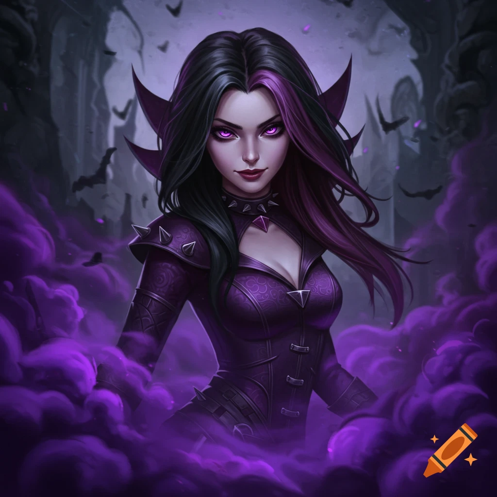 Dark fantasy woman in a purple outfit with purple eyes and hair, surrounded by smoke and bats.