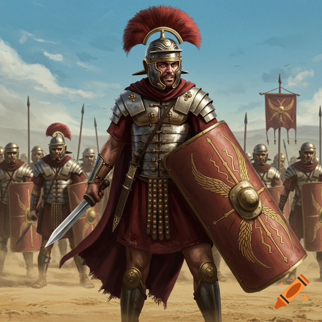 A Roman soldier with shield and sword leads a legion in a desert.