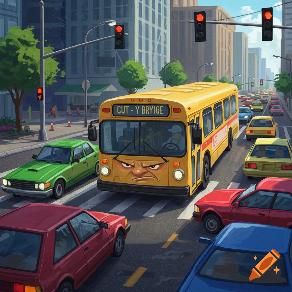 Cartoon style image of a grumpy yellow bus stuck in city traffic.