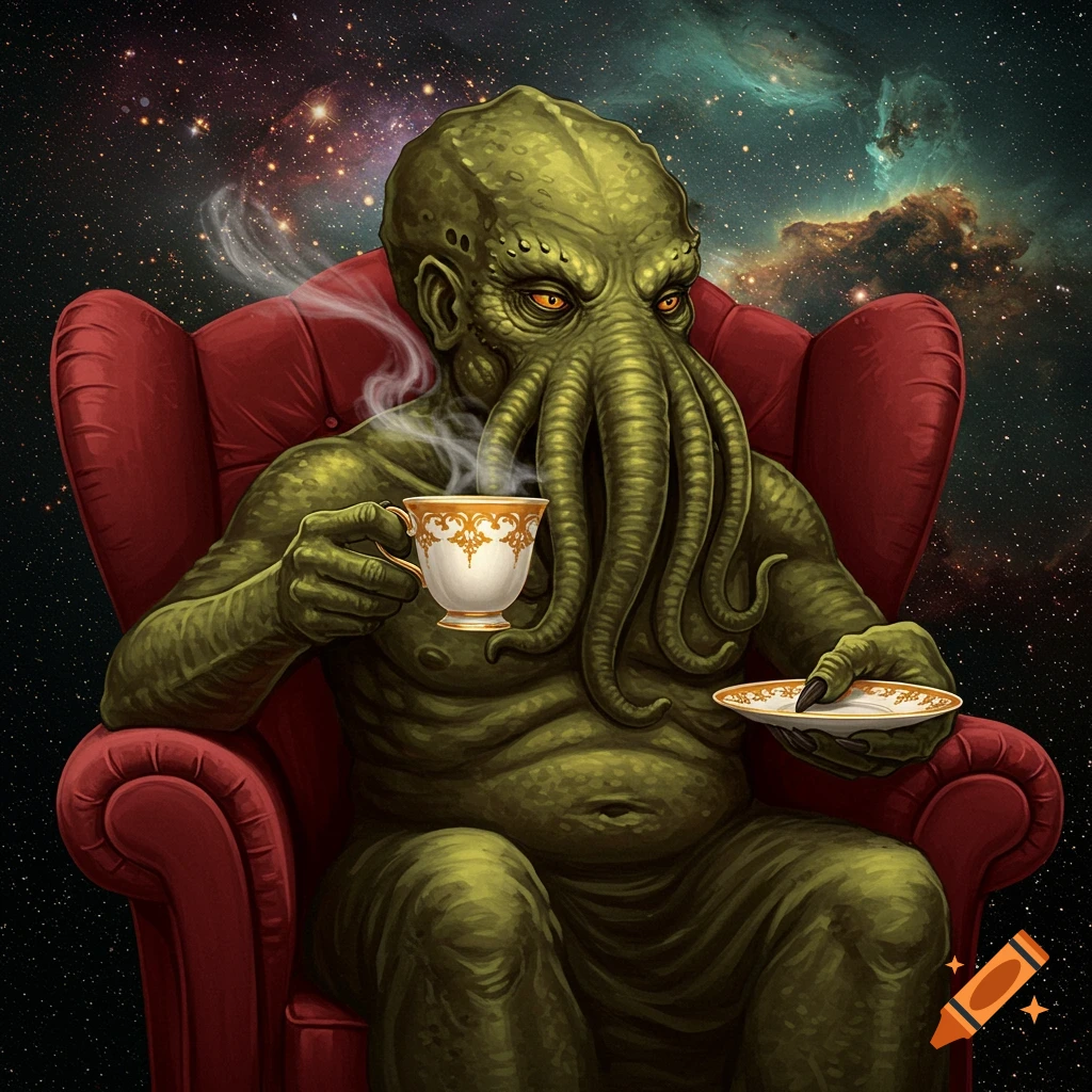 Cthulhu sitting in a red armchair, holding a teacup and saucer, with a starry space background.