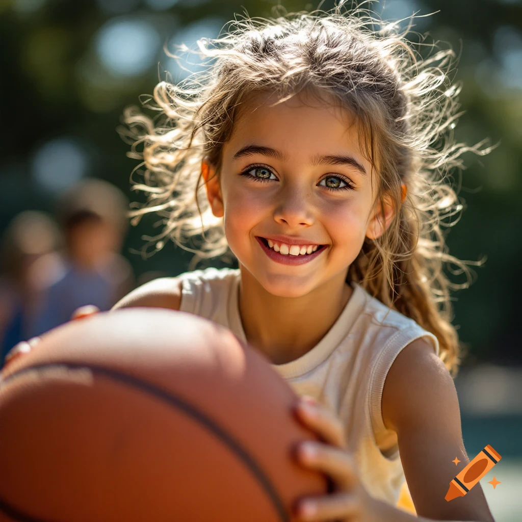 Young girl smiling and holding a basketball outdoors