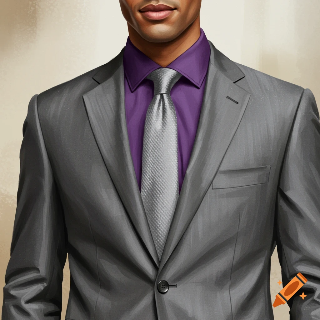 a man in a grey suit, purple shirt, and grey tie