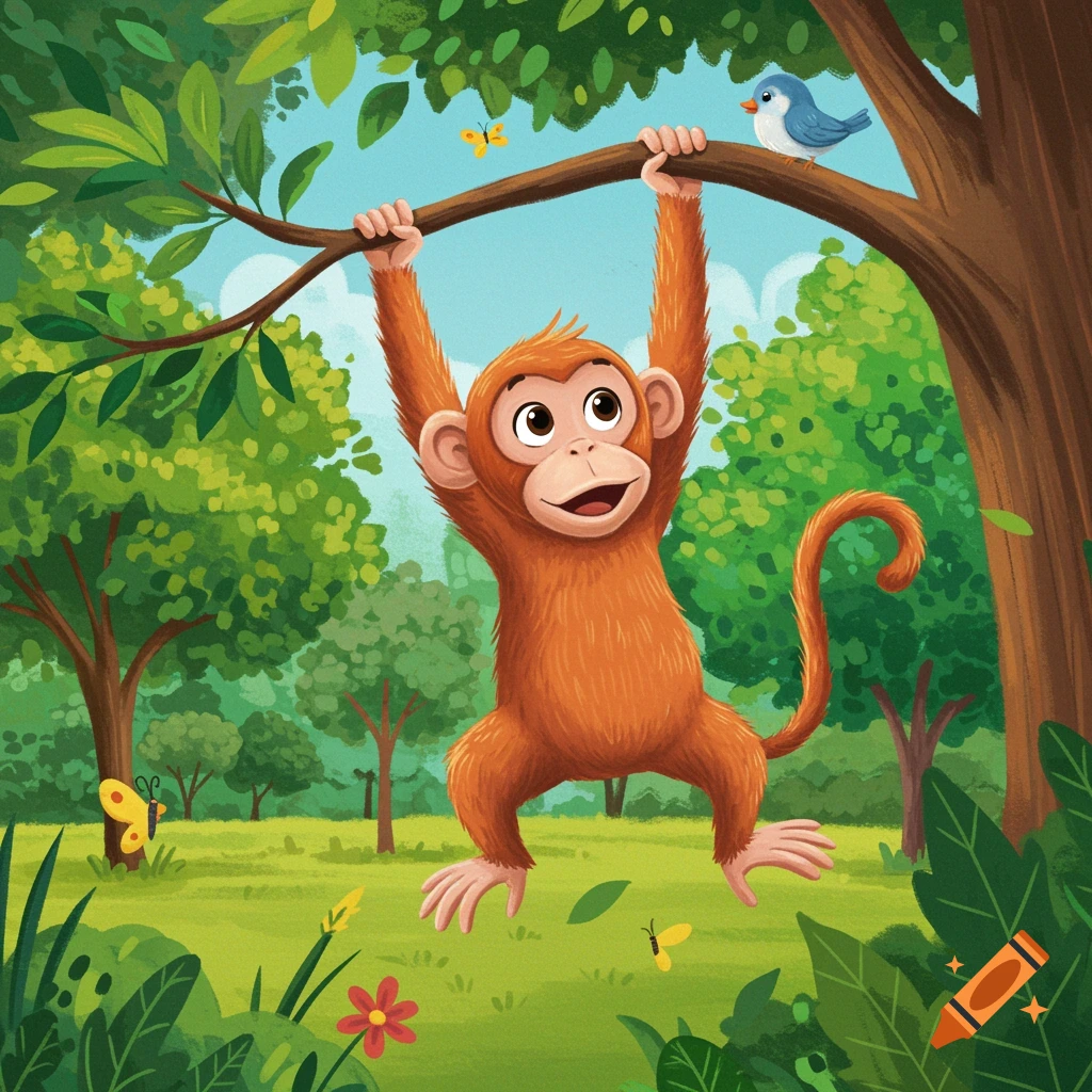 A whimsical cartoon monkey swings from a tree branch in a lush forest setting.