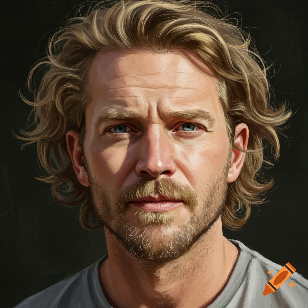 A portrait of a man with blond hair, blue eyes, and stubble