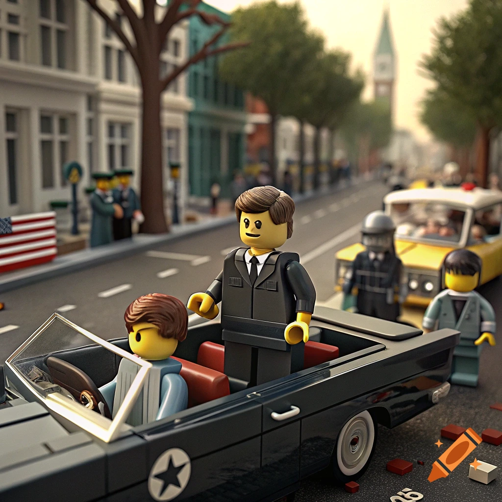 LEGO figures in an open-top car on a city street, resembling a historical parade scene.