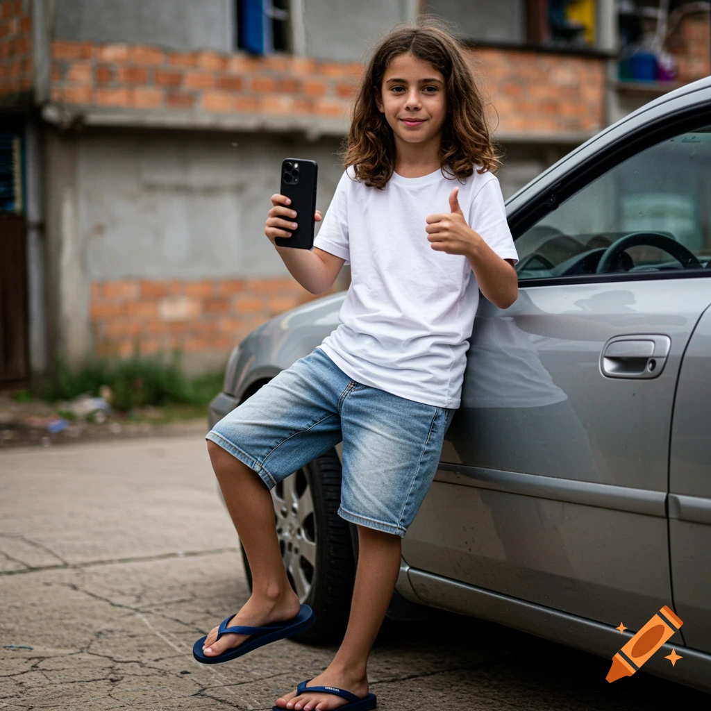 Boy with long hair holds phone and gives thumbs up while leaning on a car outdoors.