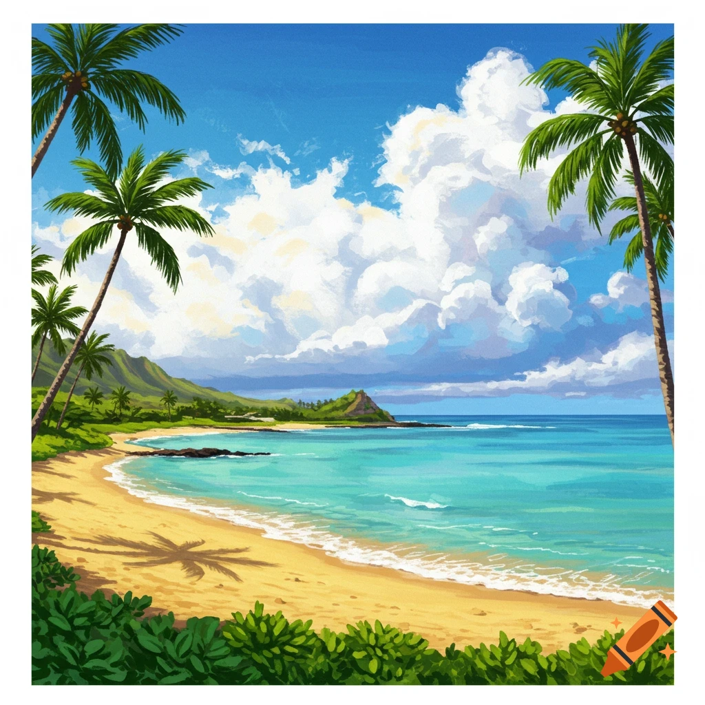 A tropical beach with palm trees, sand, and blue ocean under a cloudy sky.