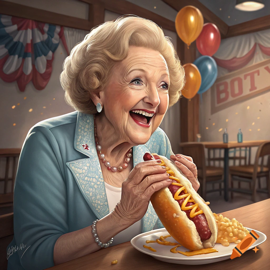 Betty White gleefully eating a large hotdog at an indoor event.