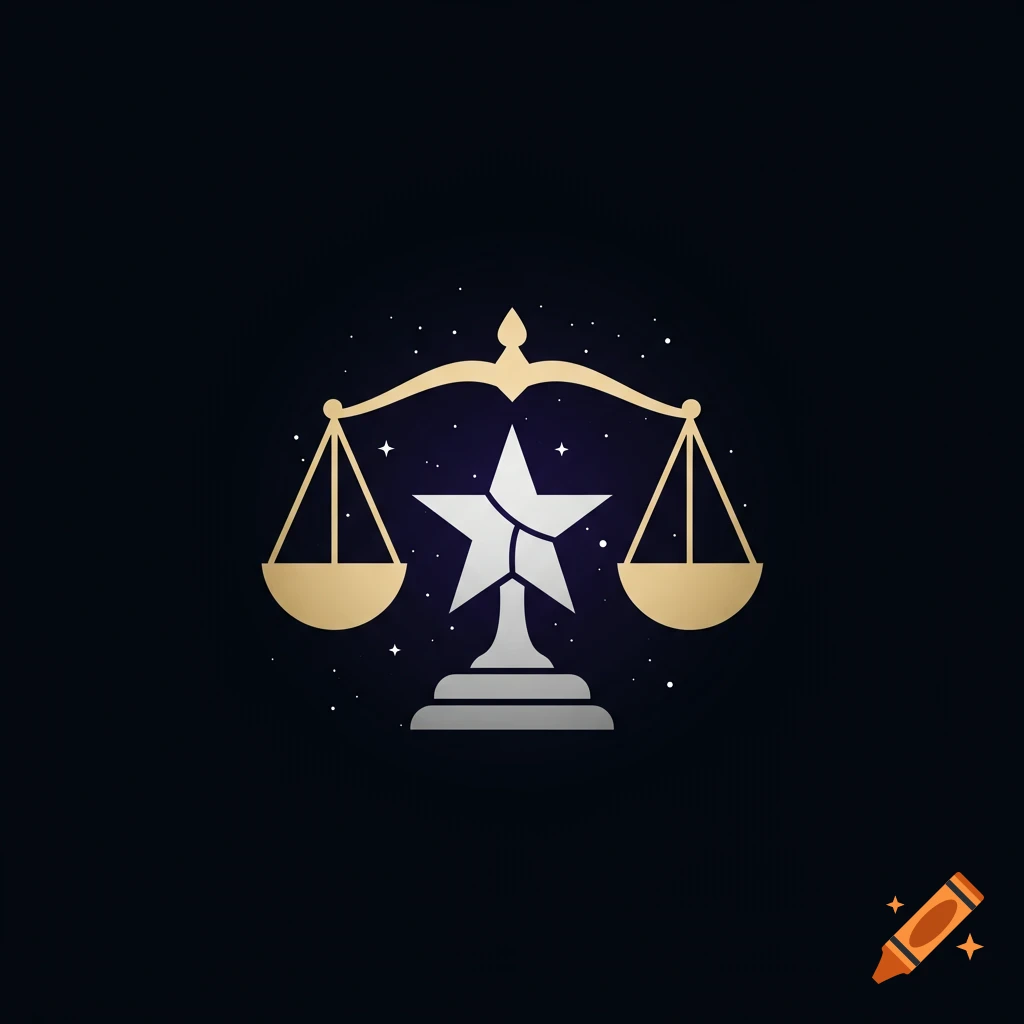 Scales of justice balanced by a star emblem on a stand against a starry background.