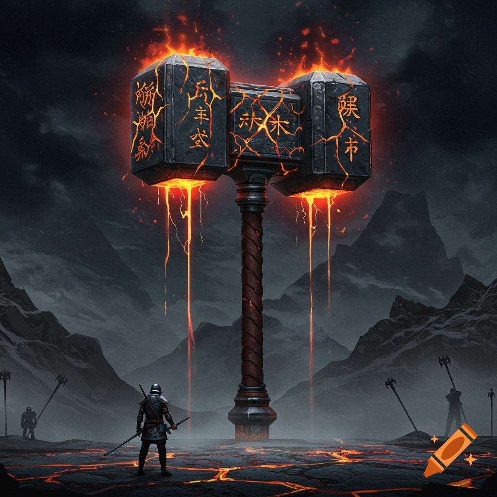 A giant, glowing hammer rests in a volcanic landscape surrounded by armored figures.