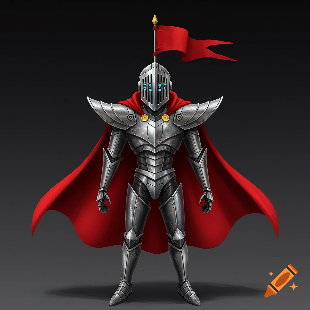 Illustration of a knight figure in shiny grey armor with a red cape and a flag on its helmet.
