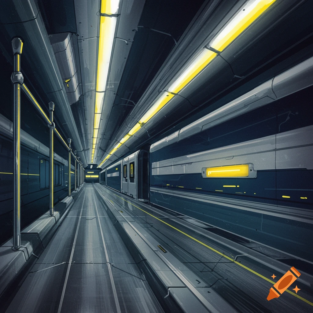 A stylized image of a futuristic subway platform and train in blue, gray, and yellow.