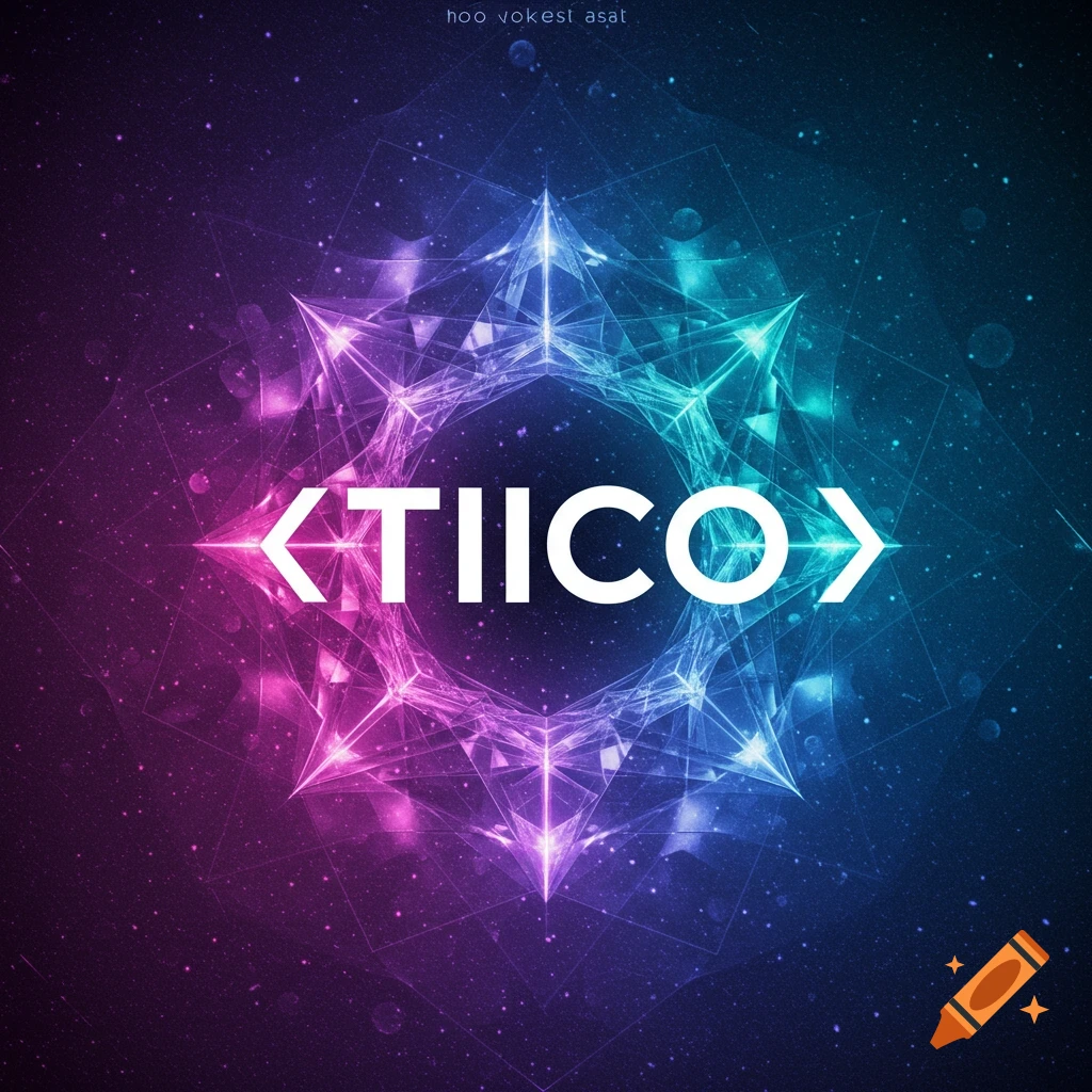 Abstract geometric glowing star design with <TIICO> text over a starry space background.