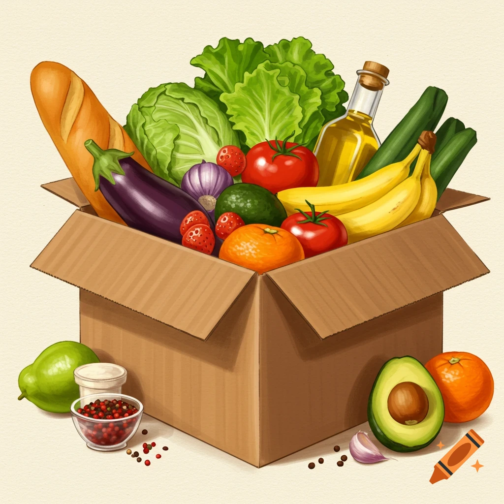 A cardboard box overflowing with various fruits, vegetables, bread, and a bottle of olive oil.