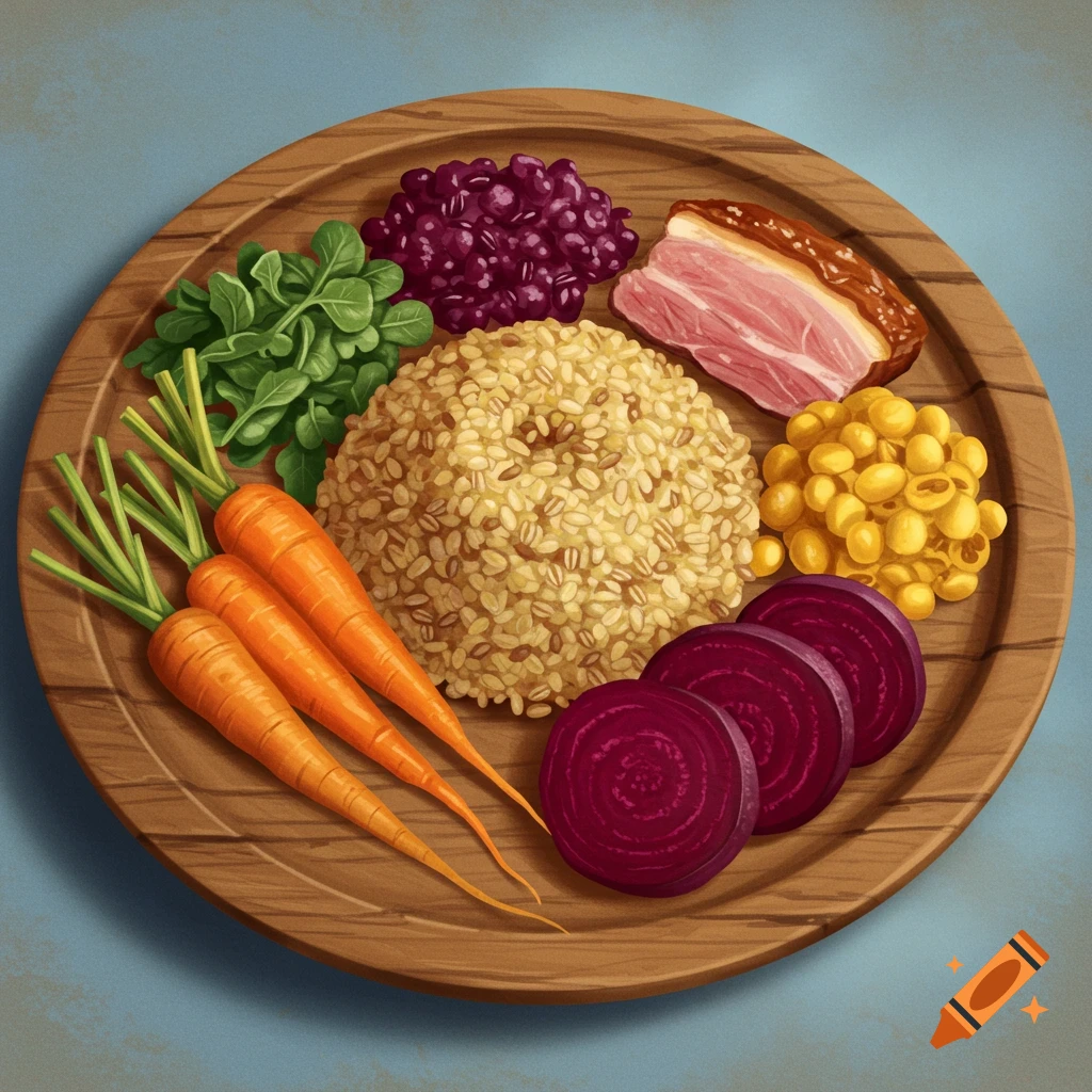 A plate with grains, carrots, greens, beans, meat, and beetroot slices.