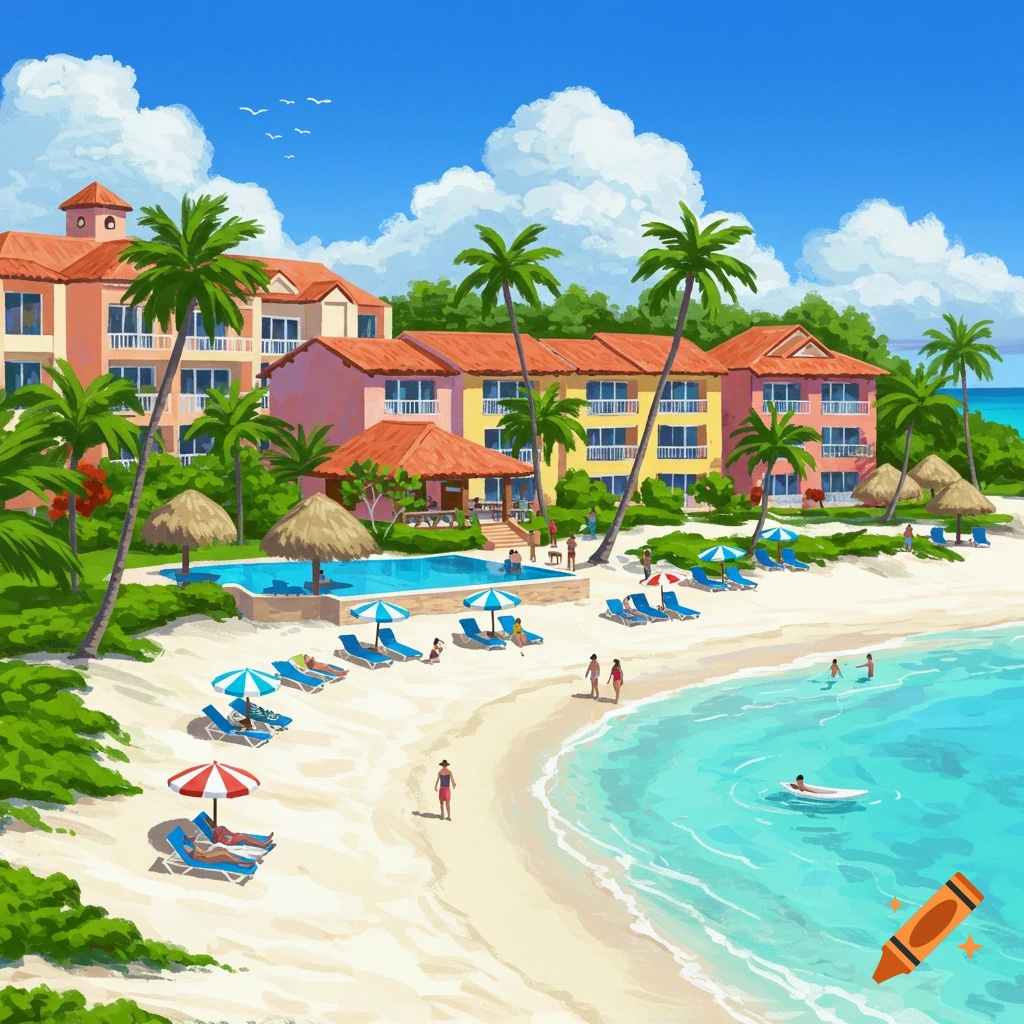 A Caribbean island resort with a beach, pool, and people.