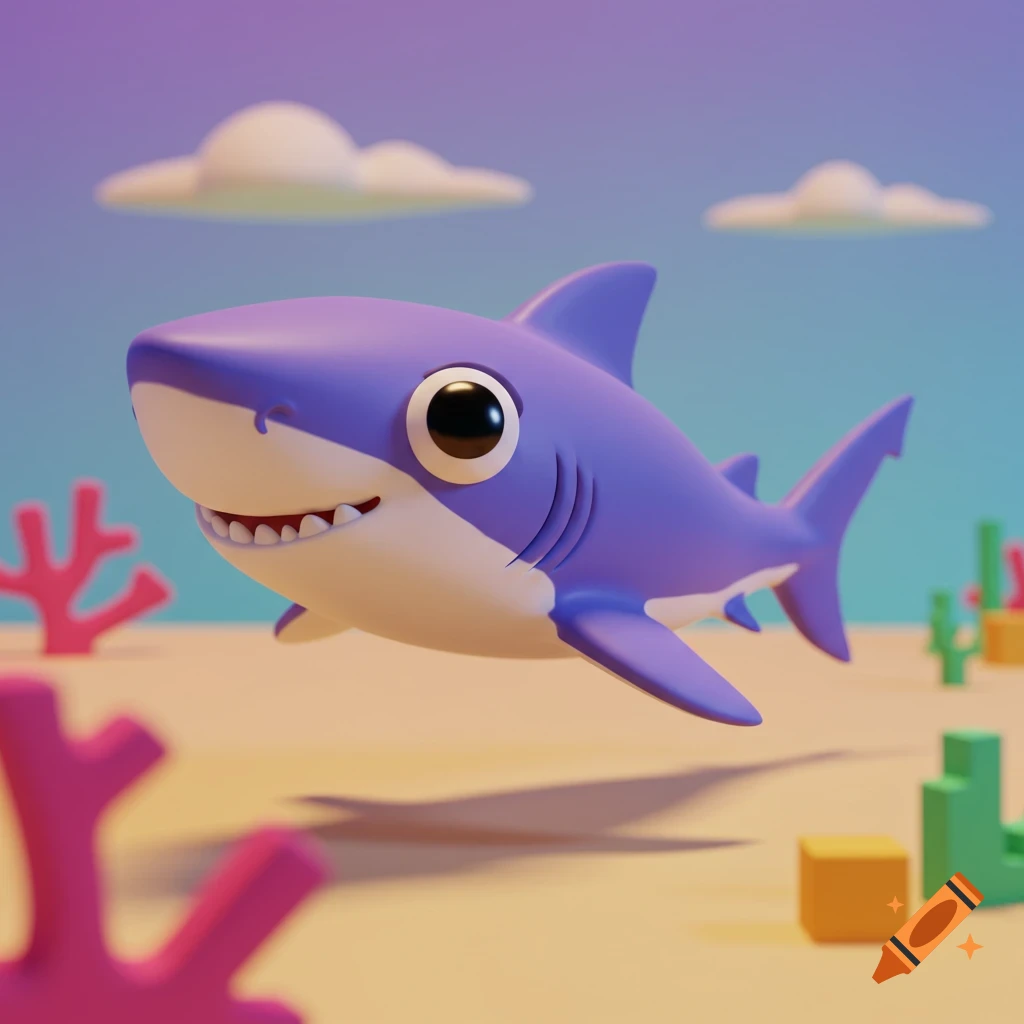 A cute purple cartoon shark swims underwater in a stylized blocky environment.