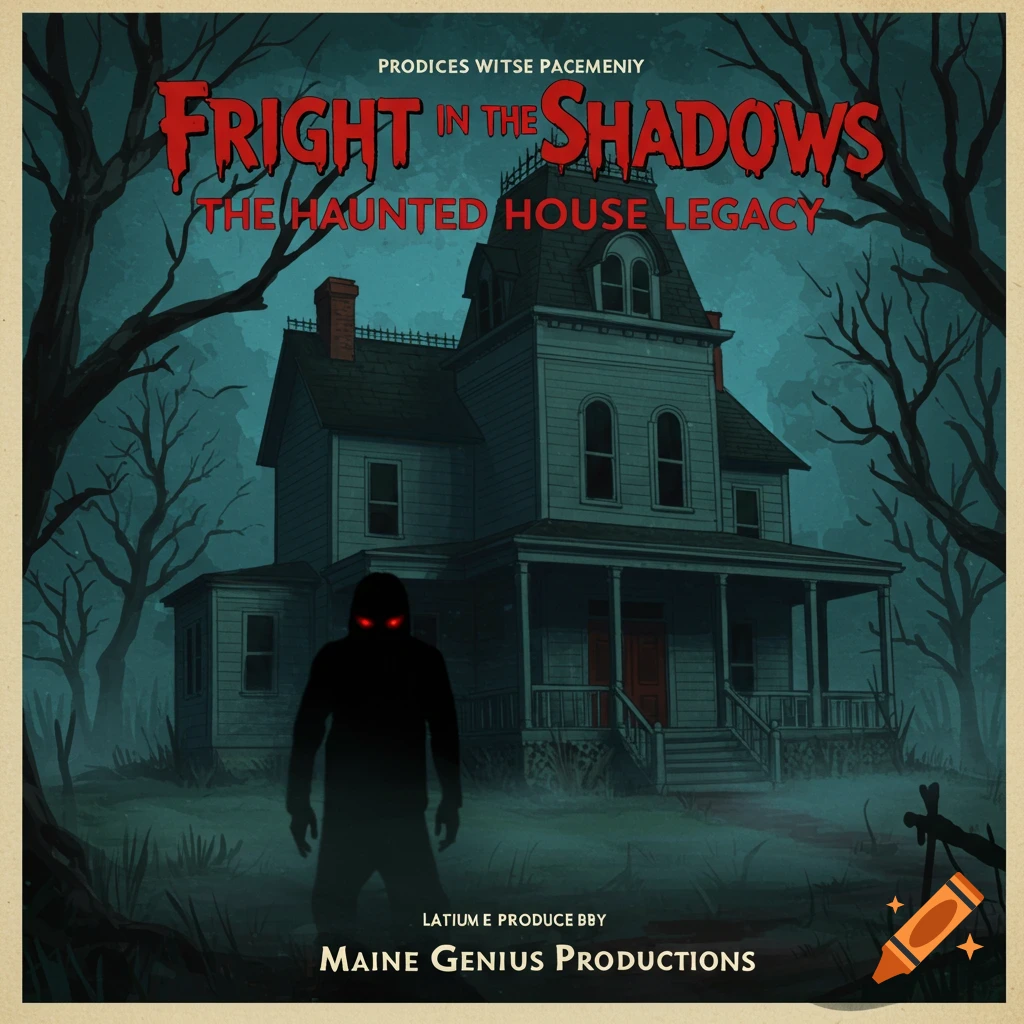 Horror poster of a haunted house with a silhouetted figure with glowing red eyes.