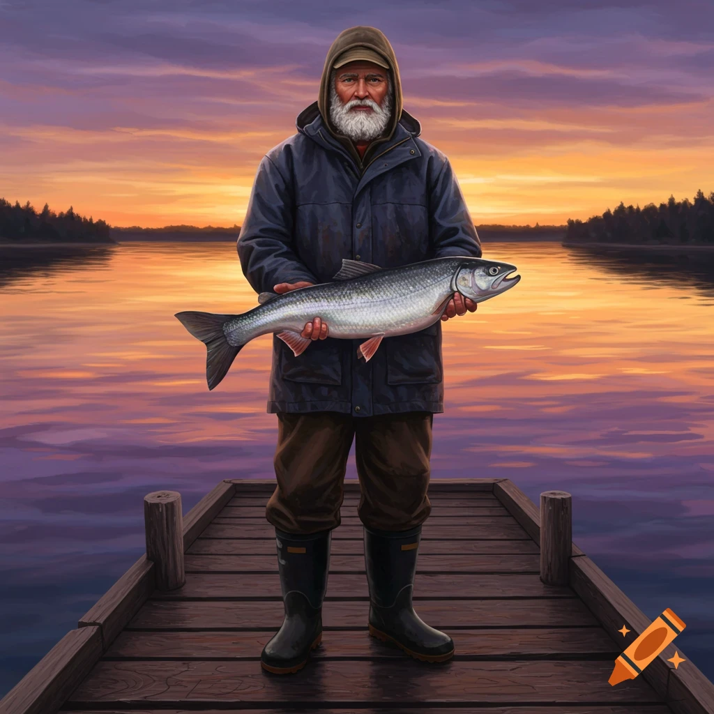 A fisherman is holding a large fish on a dock at sunset.